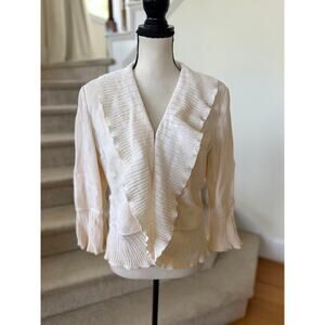 St. John Cream White Ruffle Collar & Sleeve Shawl Cardigan